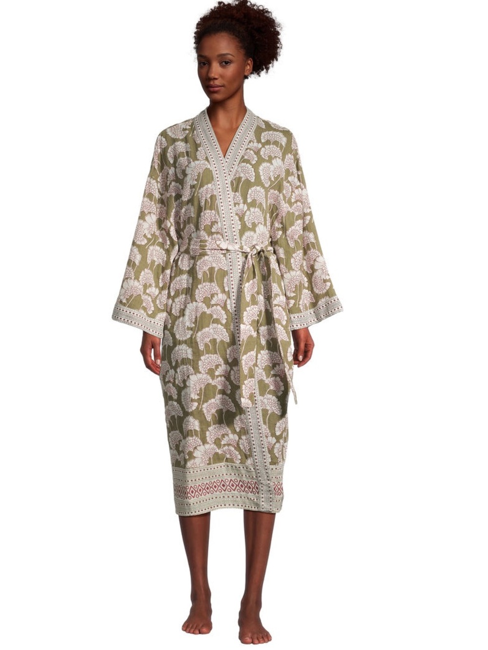 NWT World Market Floral Olive & Pink 100% Cotton Kimono Style Robe One Size